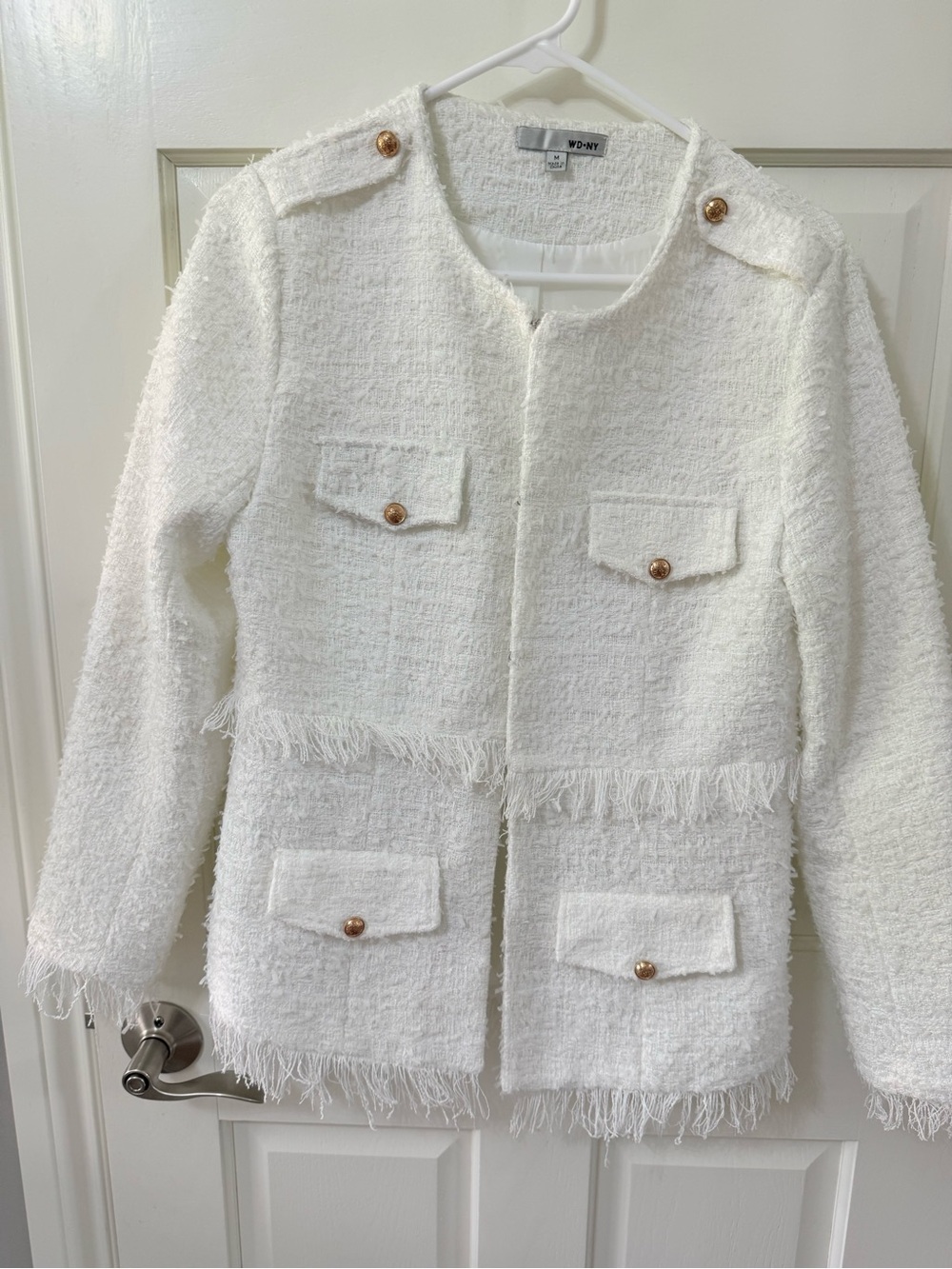 WD.NY White Textured Bouclé Fringe Jacket with Gold Buttons